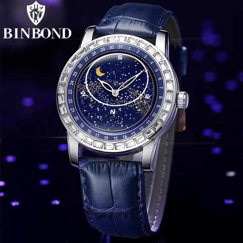 BINBOND B8899 Rotating Sky Star Disk Diamond Watch Men's Fashion Sun Moon Star Waterproof Glow Men's Watch Luminous