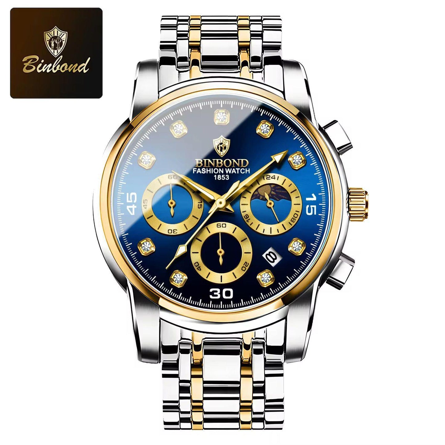 Binbond B707 Watch Casual Chronograph Men's Watches Stainless Steel Business Wristwatch Quartz Clock with Luminous Pointers for Men
