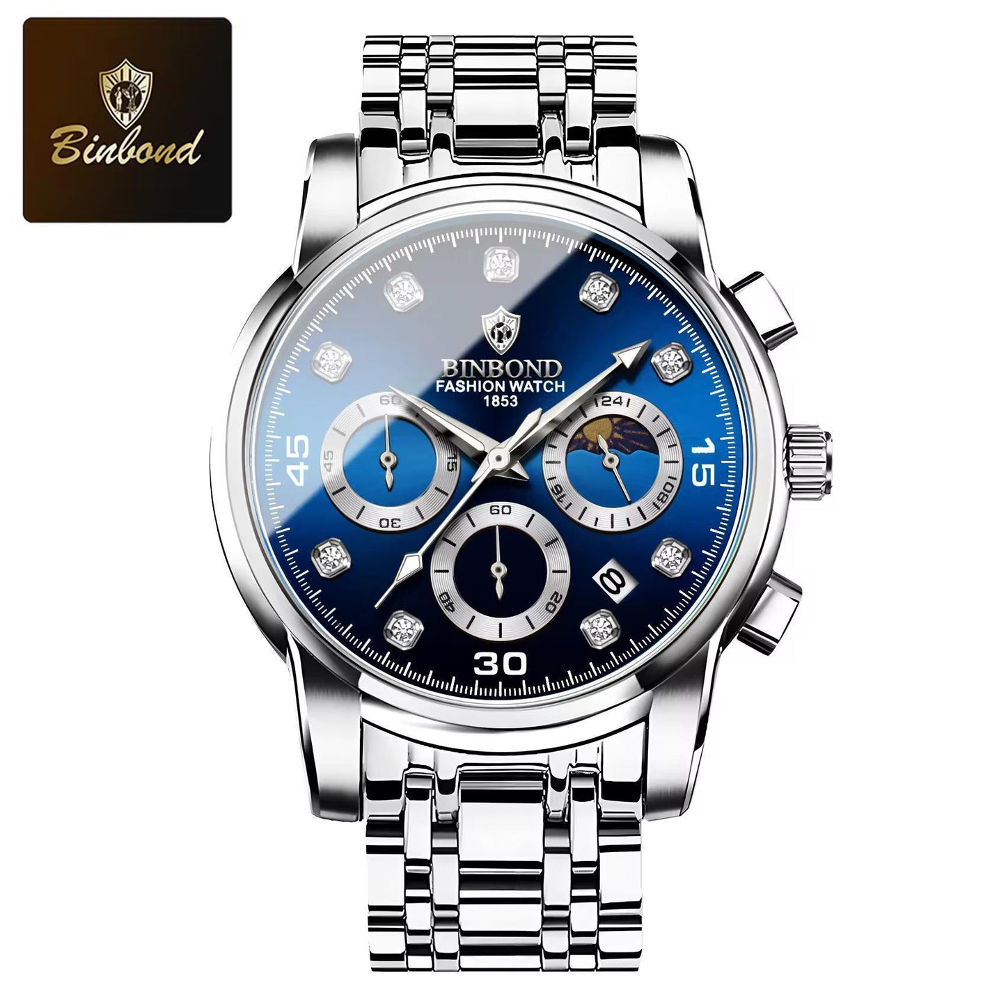 Binbond B707 Watch Casual Chronograph Men's Watches Stainless Steel Business Wristwatch Quartz Clock with Luminous Pointers for Men