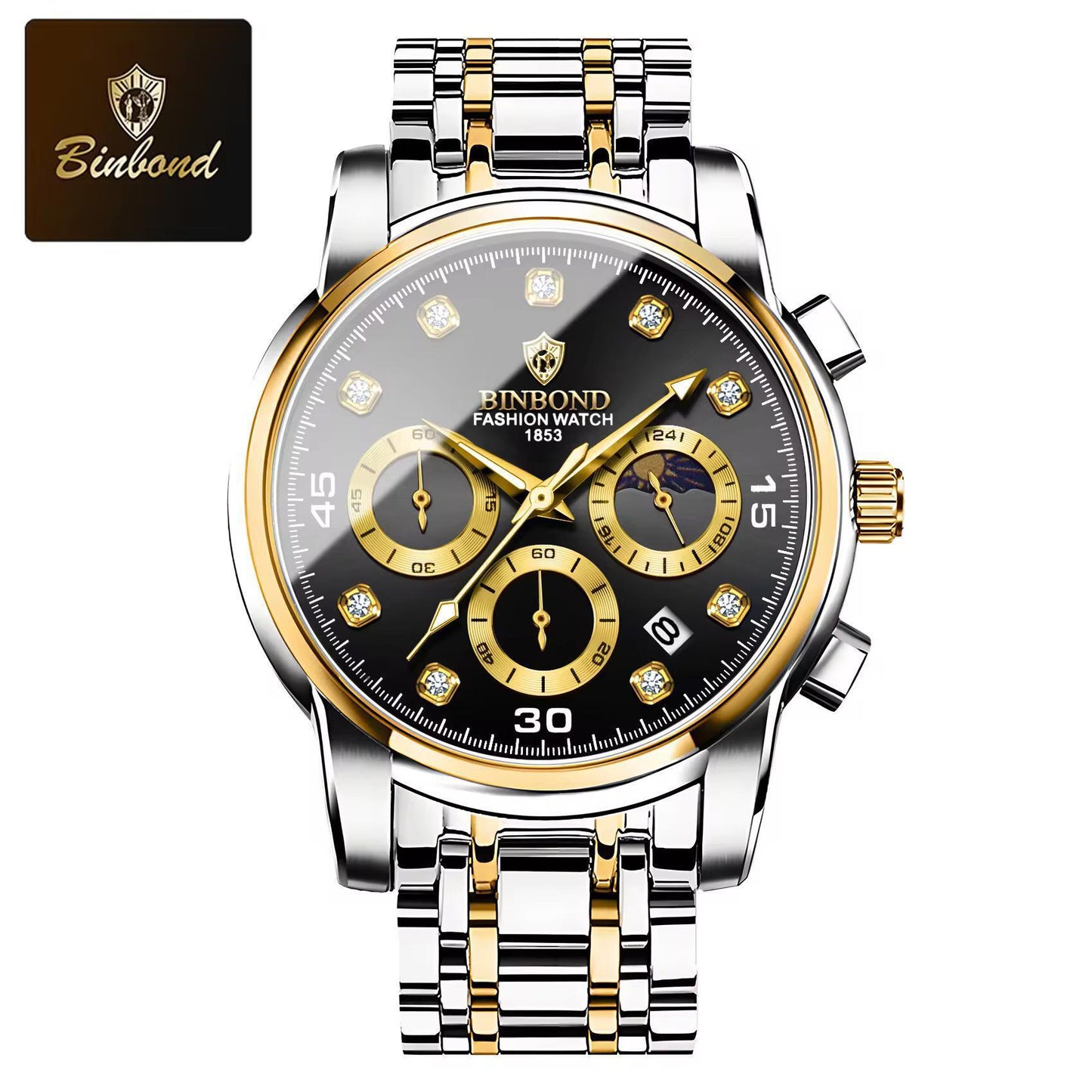 Binbond B707 Watch Casual Chronograph Men's Watches Stainless Steel Business Wristwatch Quartz Clock with Luminous Pointers for Men
