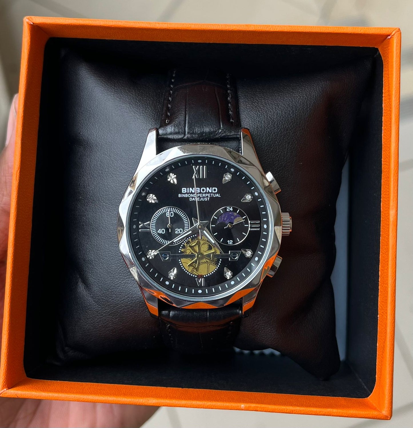 BINBOND B1236 Mens Wristwatches Top Brand Luxury Tourbillon Quartz Watch for Men Sport Leather Strap Waterproof Clock