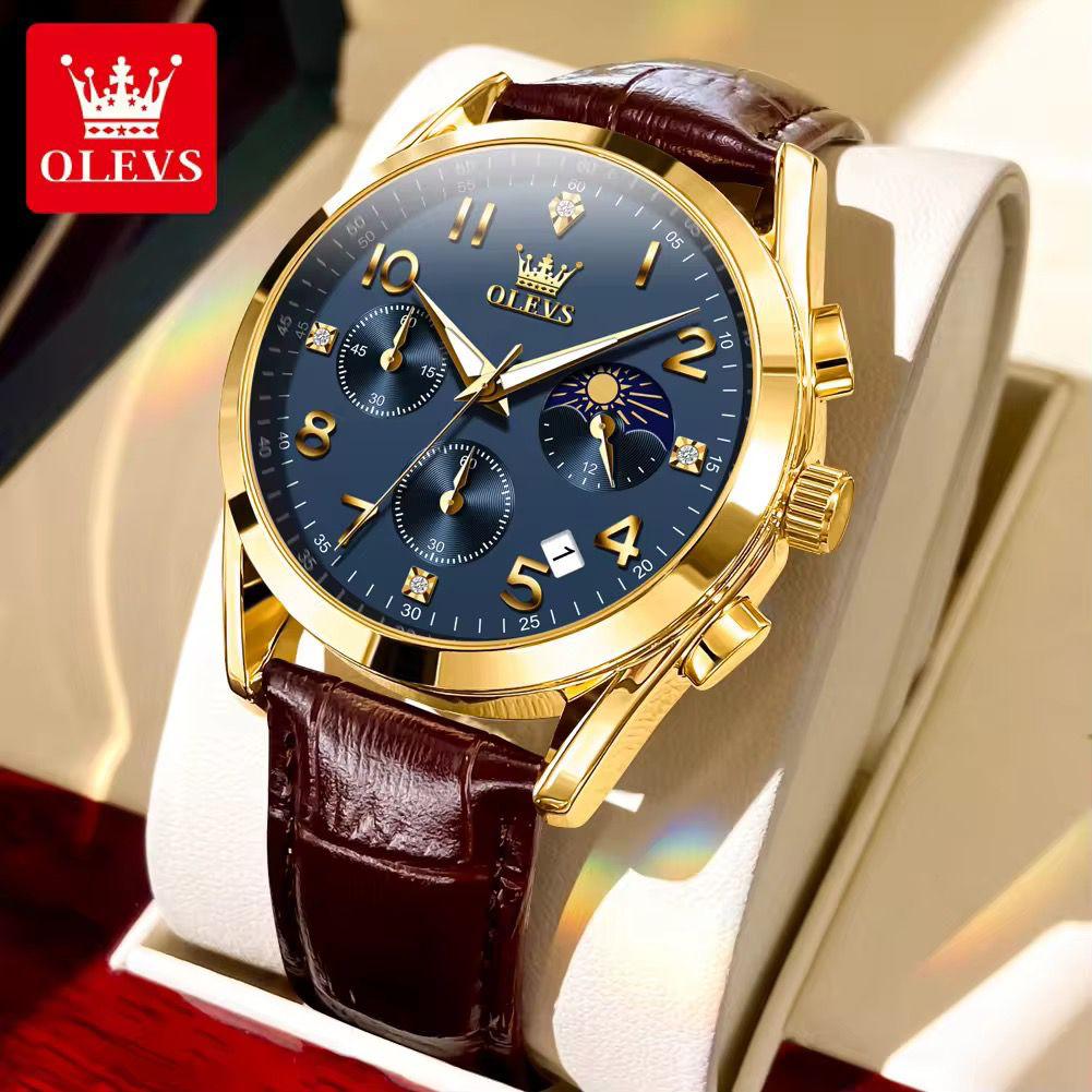 OLEVS 2890 Men Quartz Watch Top Brand Chronograph Wristwatch Sports Watches Luminous Leather Waterproof Clock