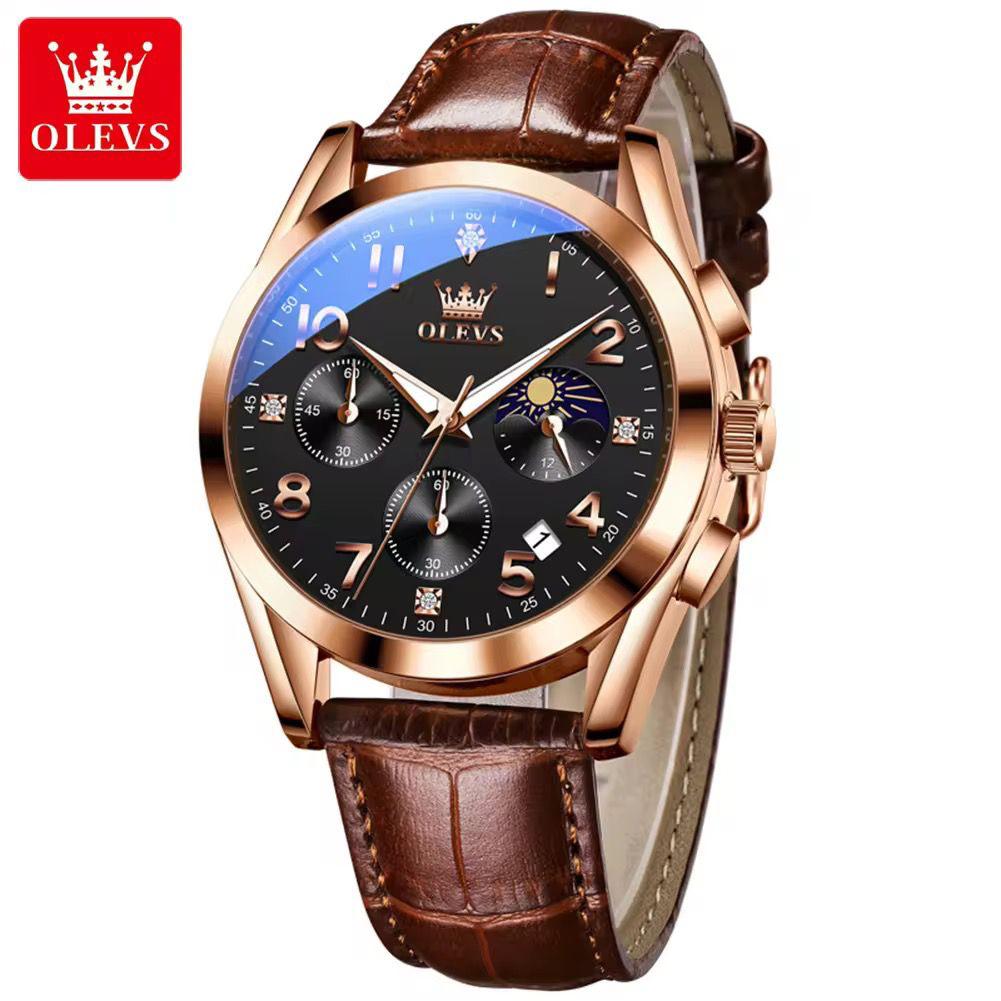 OLEVS 2890 Men Quartz Watch Top Brand Chronograph Wristwatch Sports Watches Luminous Leather Waterproof Clock