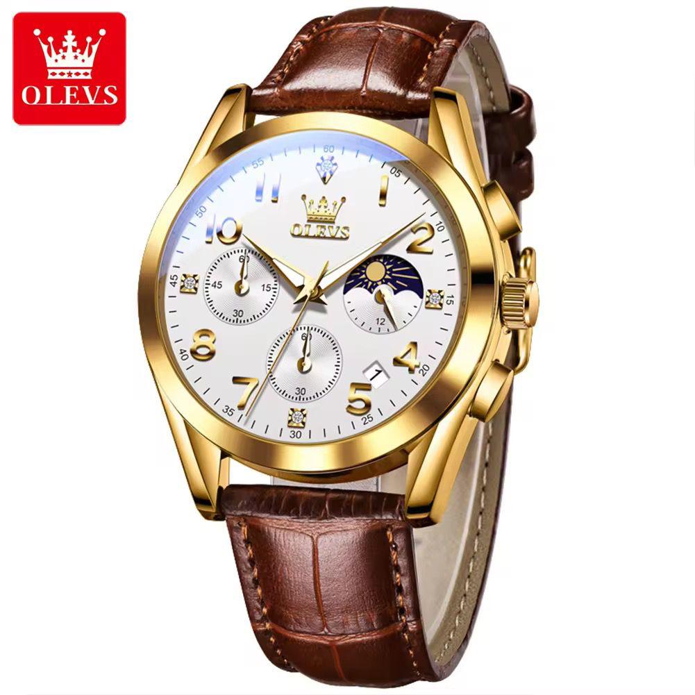 OLEVS 2890 Men Quartz Watch Top Brand Chronograph Wristwatch Sports Watches Luminous Leather Waterproof Clock