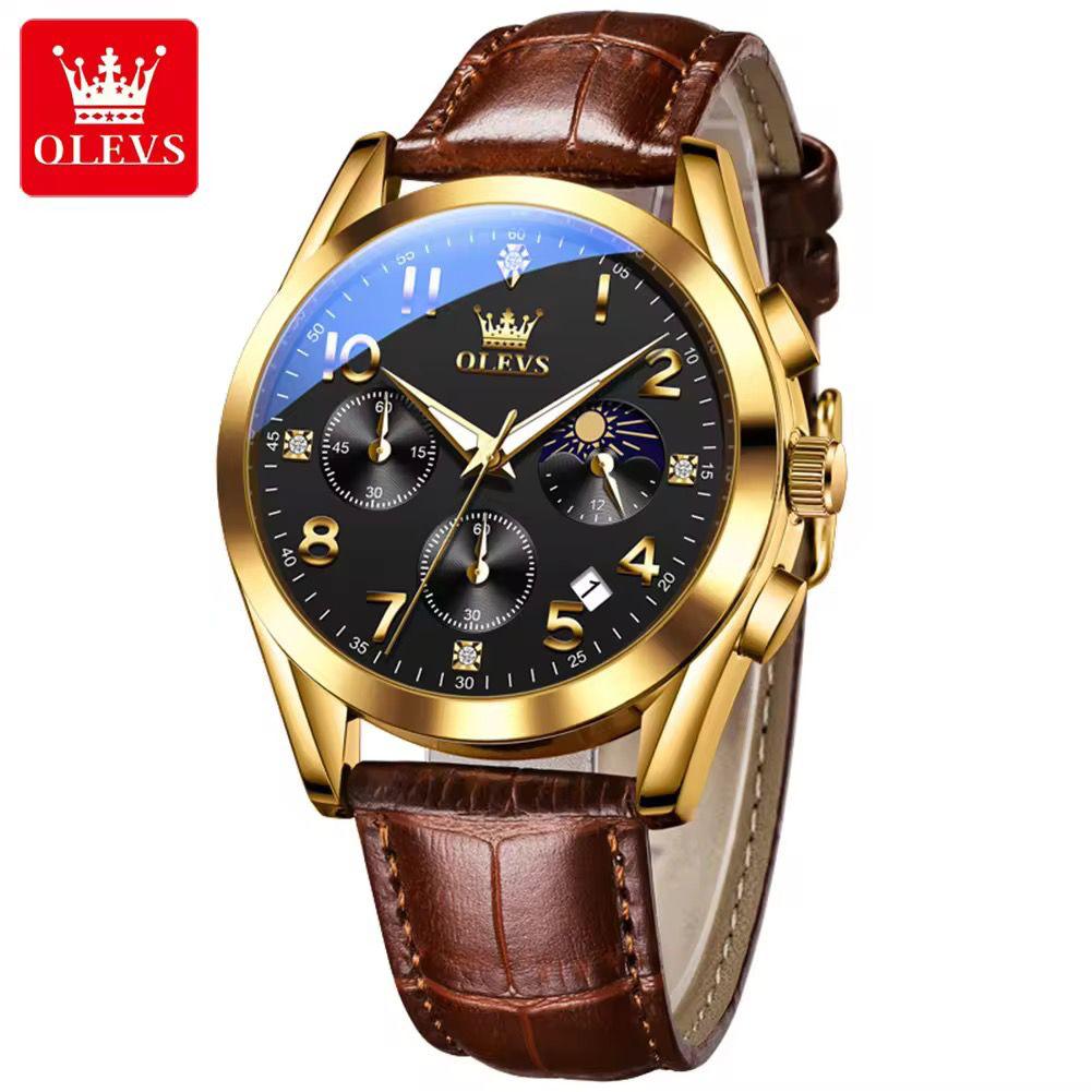 OLEVS 2890 Men Quartz Watch Top Brand Chronograph Wristwatch Sports Watches Luminous Leather Waterproof Clock