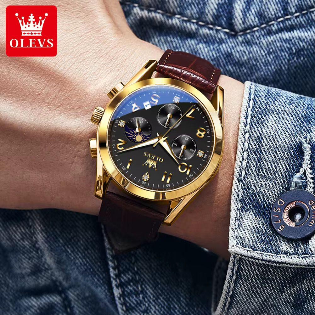 OLEVS 2890 Men Quartz Watch Top Brand Chronograph Wristwatch Sports Watches Luminous Leather Waterproof Clock