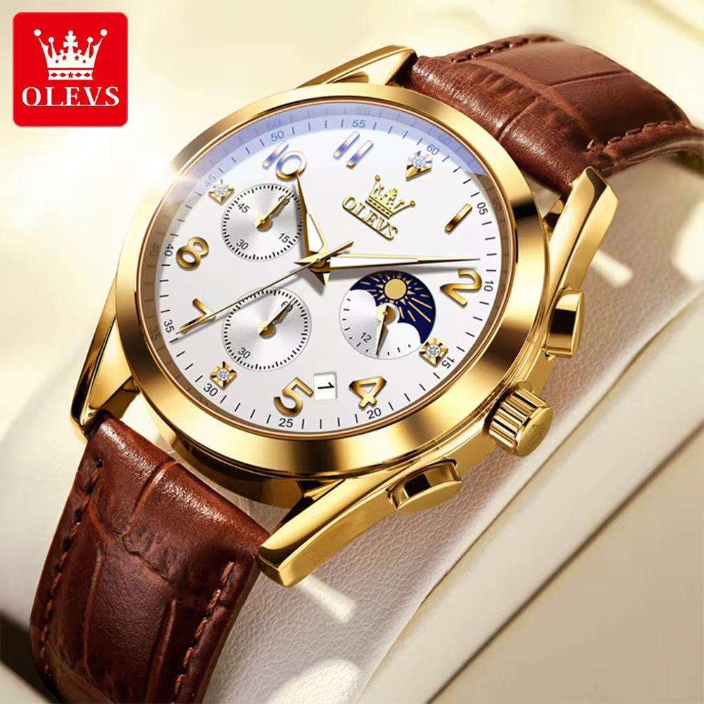 OLEVS 2890 Men Quartz Watch Top Brand Chronograph Wristwatch Sports Watches Luminous Leather Waterproof Clock