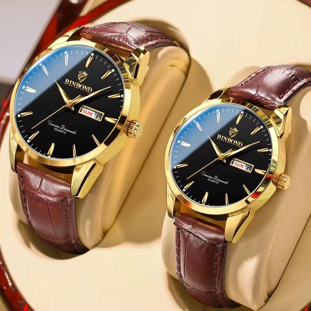 BINBOND B2238 Women Men Waterproof Calendar Quartz Top Luxury Couple Watch Wrist Watches Leather Strap Ladies & Man Watch