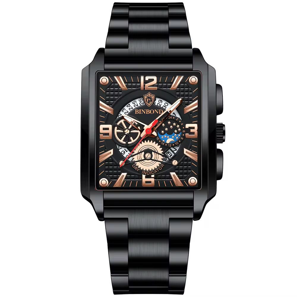 Luxury Retro Square Binbond 6575 Watch Waterproof Luminous Calendar Quartz Watches Stainless Steel Men's Watch