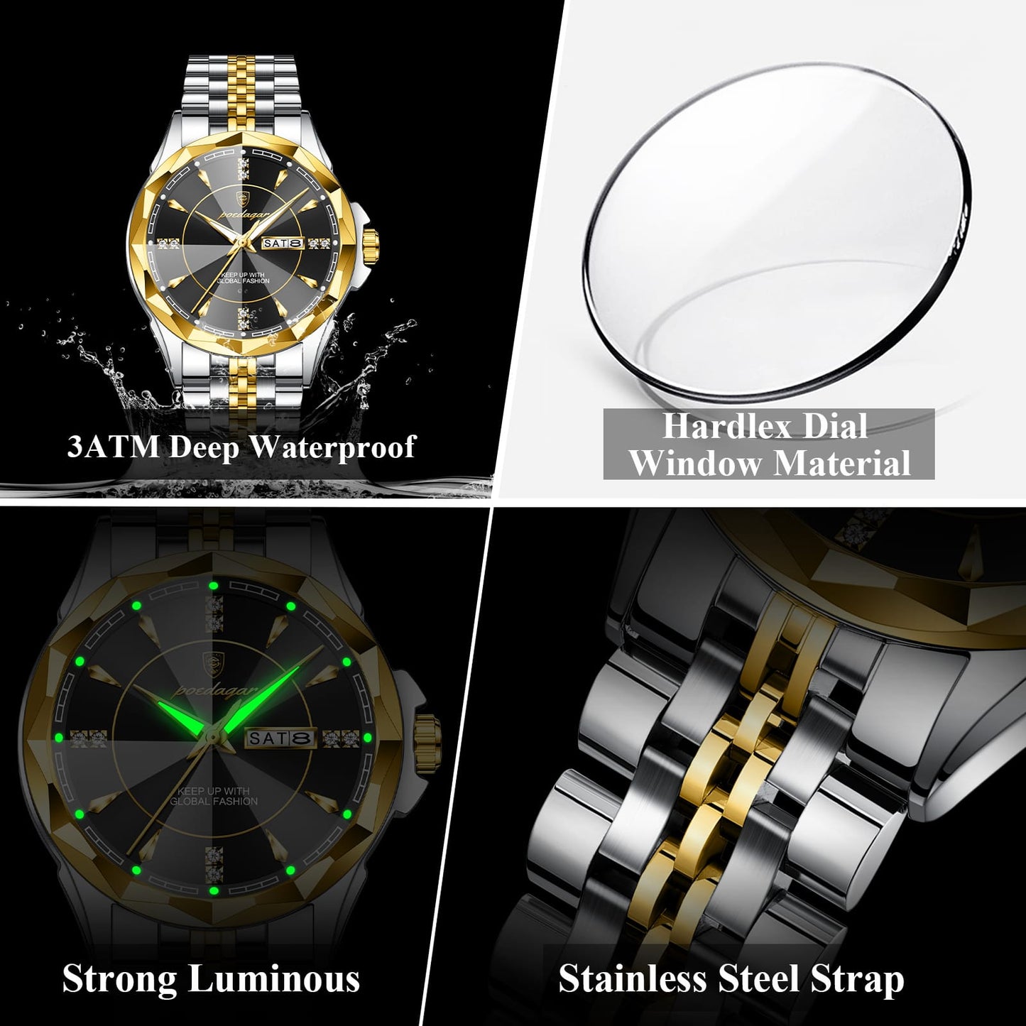 POEDAGAR 674 New Arrival Luminous Stainless Steel Watch Waterproof Date Week Luxury Men's Quartz Wristwatch