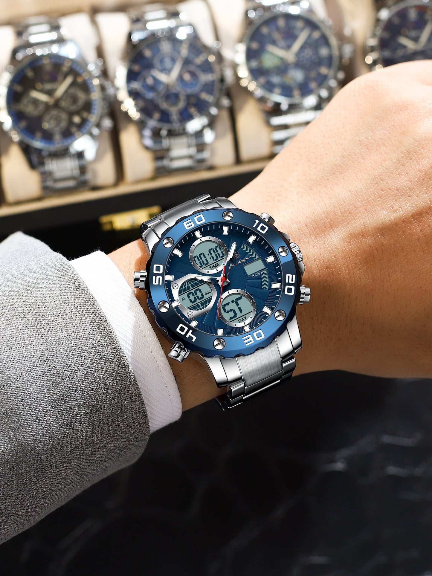 2025 NEW POEDAGAR E102 Wristwatch for Man LED Alarm Dual Time Display Digital Quartz Men Watch Electronic Waterproof