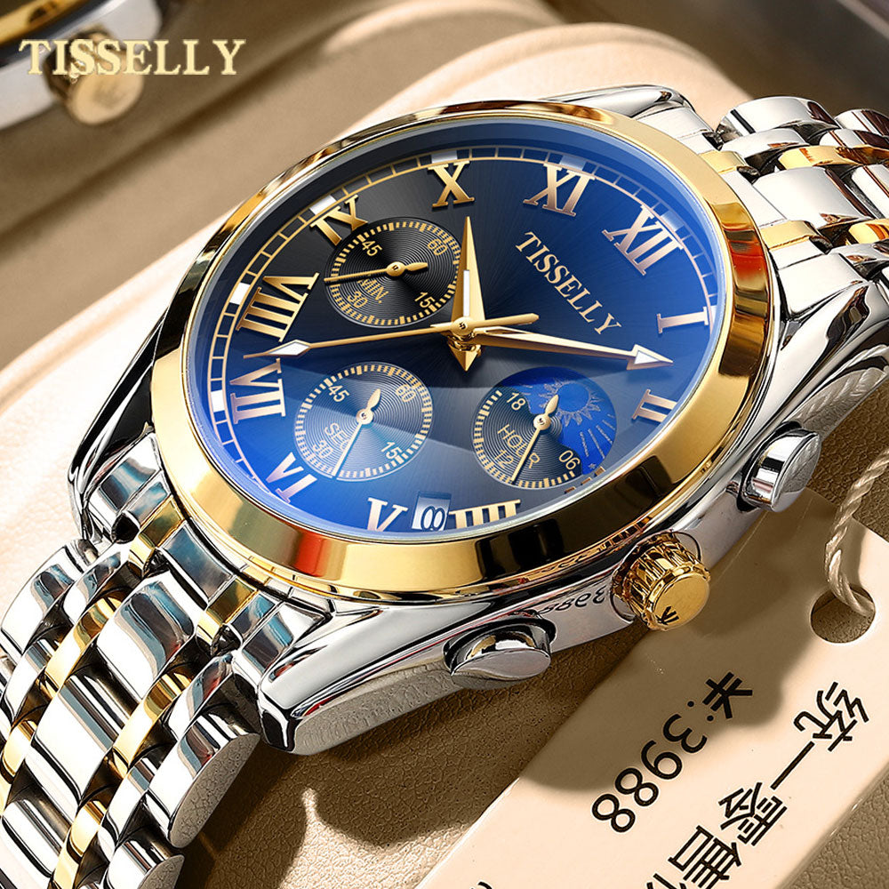 New TISSELLY 6601 Gold Watch Diamond Steel Moon multi-function Quartz Mens Watches Top Brand Luxury