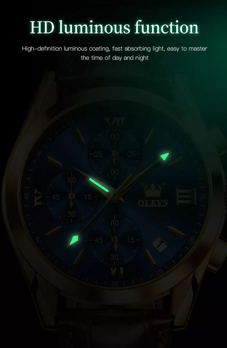 Olevs New 2872 Leather Multi Function Chronograph Men's Watch Waterproof Quartz Watch Luxury Gold Sports Watch