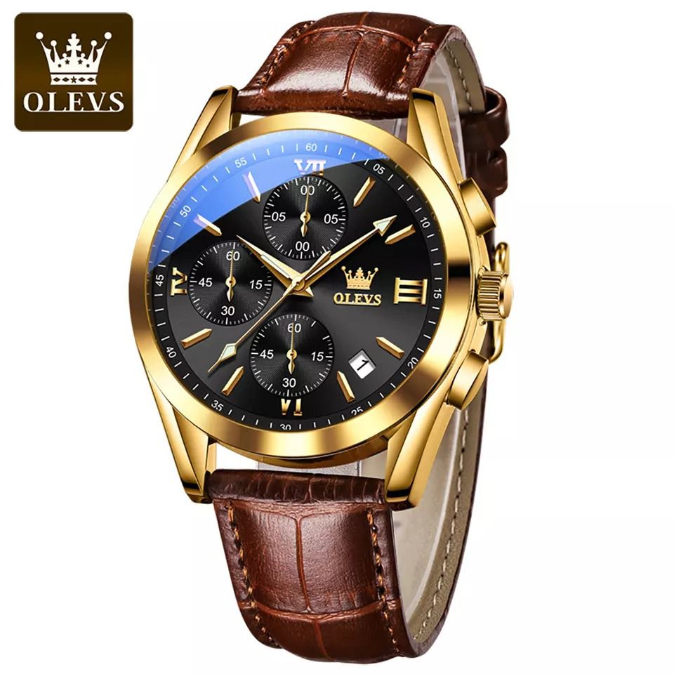 Olevs New 2872 Leather Multi Function Chronograph Men's Watch Waterproof Quartz Watch Luxury Gold Sports Watch
