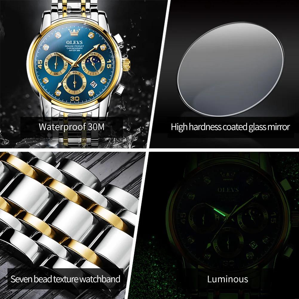 OLEVS 2889 Men Quartz Wristwatch High Quality Chronograph Stainless Steel Band Luminous Calendar Waterproof Casual Watches