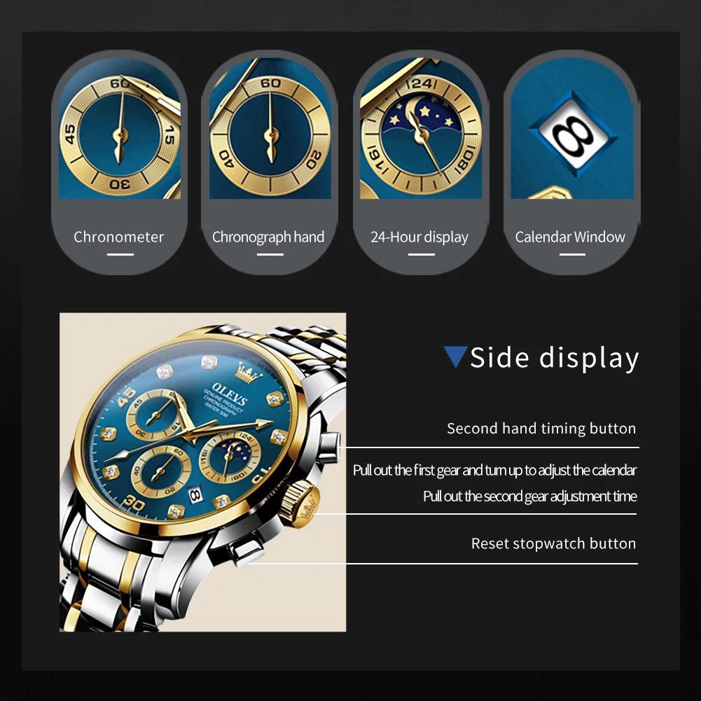 OLEVS 2889 Men Quartz Wristwatch High Quality Chronograph Stainless Steel Band Luminous Calendar Waterproof Casual Watches