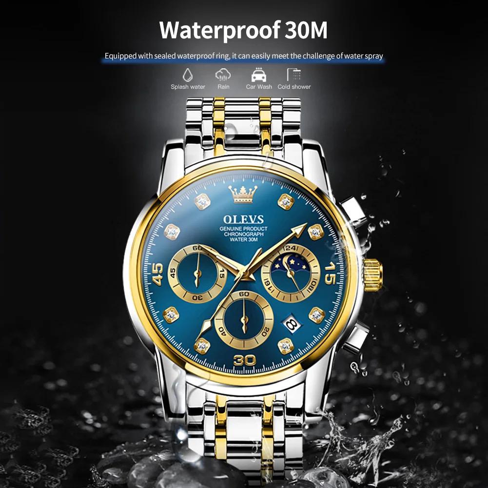 OLEVS 2889 Men Quartz Wristwatch High Quality Chronograph Stainless Steel Band Luminous Calendar Waterproof Casual Watches