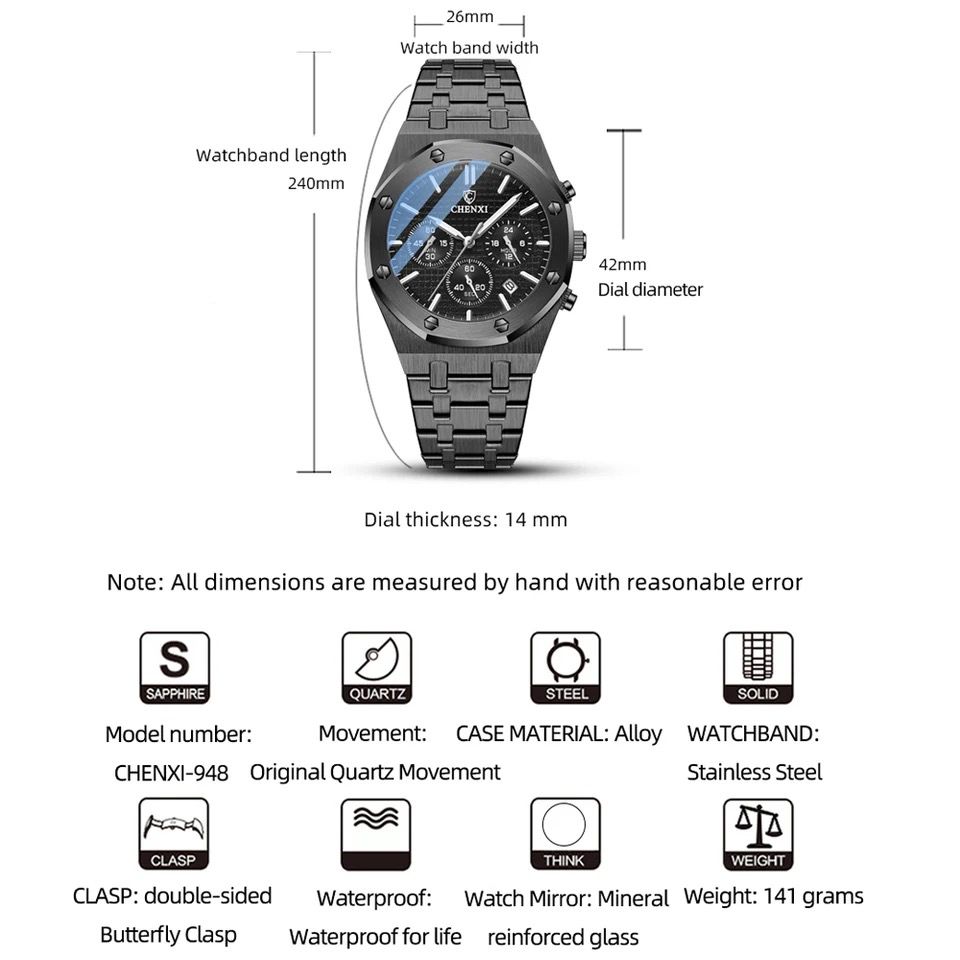 Fashionable CHENXI 948 cx-948 Business Top Brand Luxury Quartz Watch Men Stainless Steel Chronograph Waterproof Wristwatches