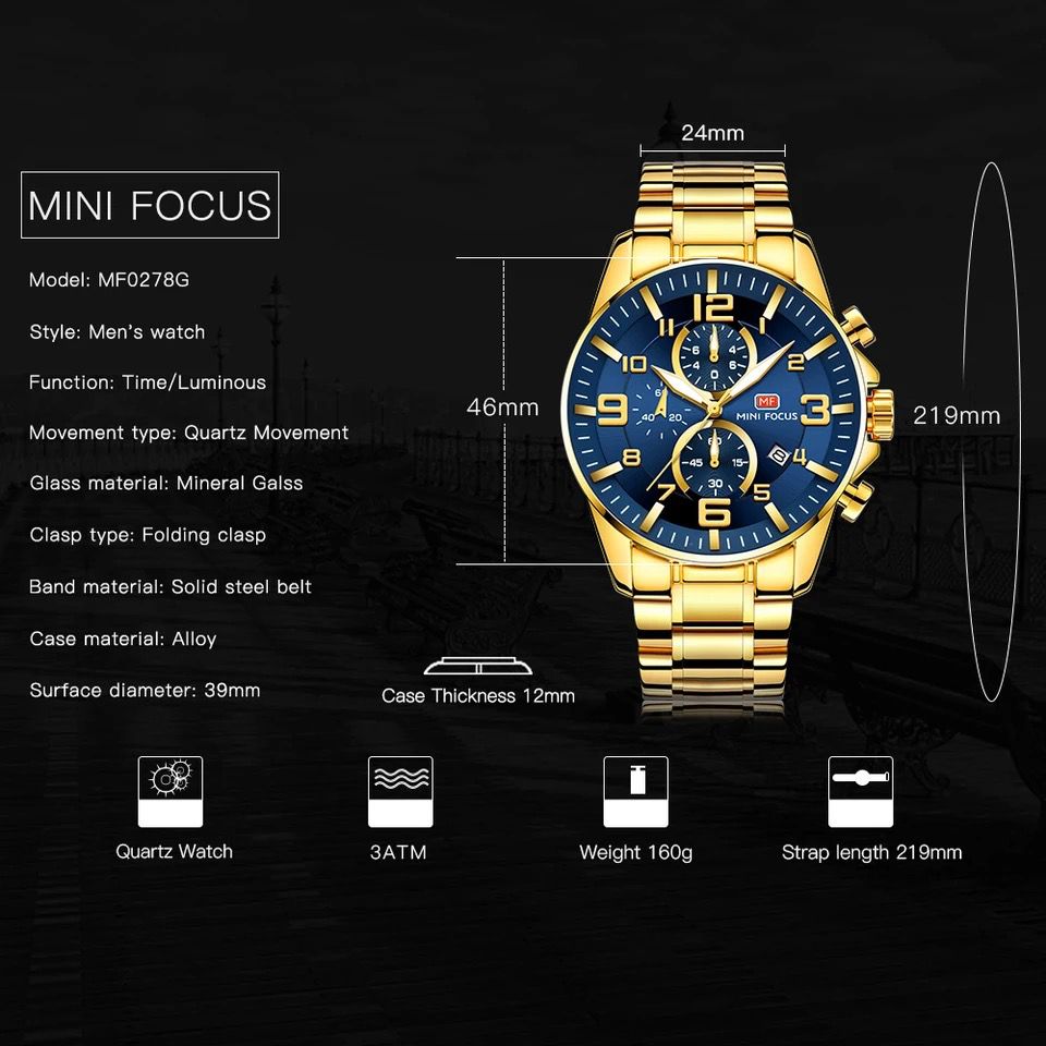 Watches Men wrist luxury MINI FOCUS 0278G Quartz Waterproof Multifunction Chronograph Classic Business Male watch