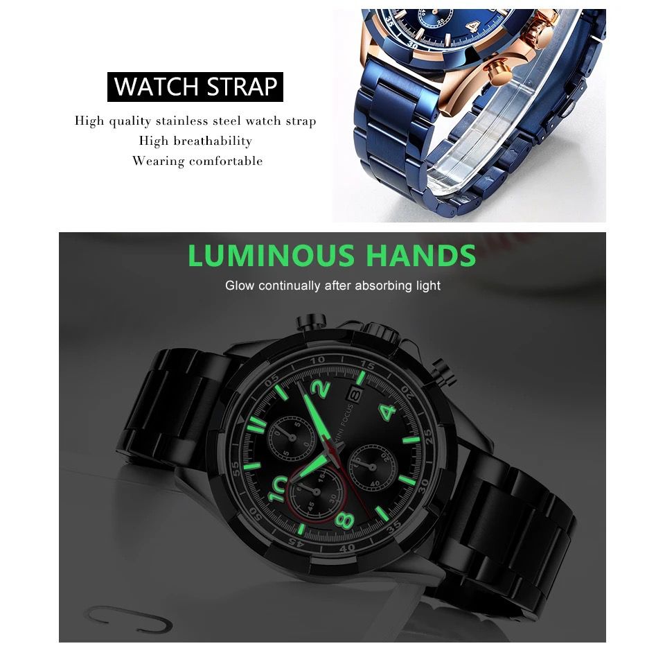Mini Focus MF0198G Luxury Men's Wristwatch Waterproof Solid Stainless Steel Chain Chrono Watch