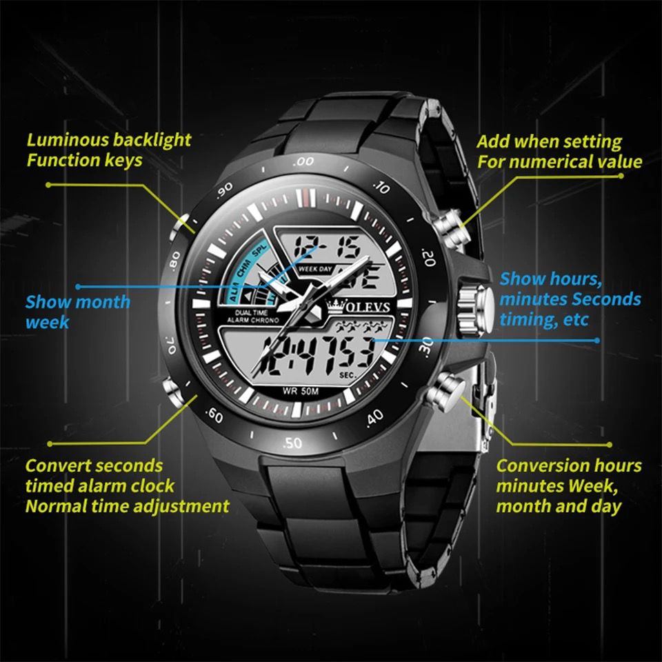 Fashion Digital Watches OLEVS 1110 Multi Function Round Waterproof Large Dial Wrist Watches Luminous Men Watches