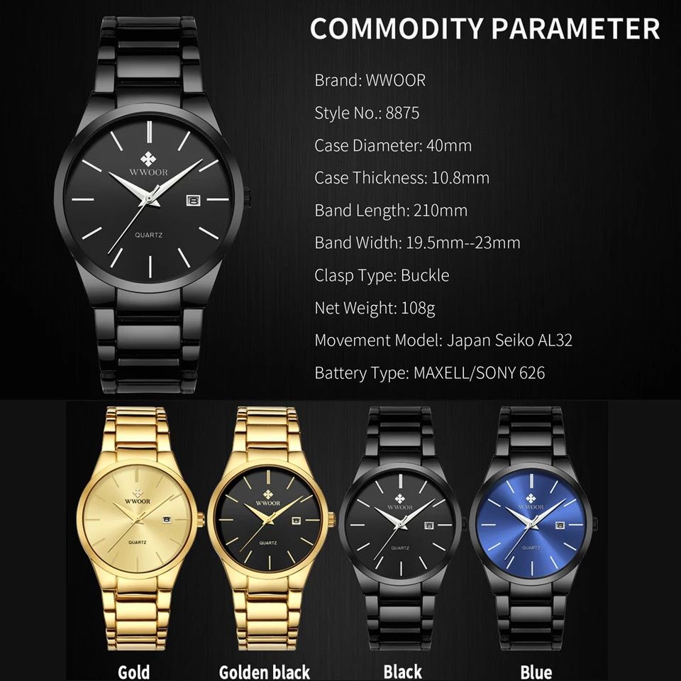 Fashion Classic WWOOR 8875 Gold Waterproof Watches Simple Stainless Steel Calendar Sports Quartz Watch For Men