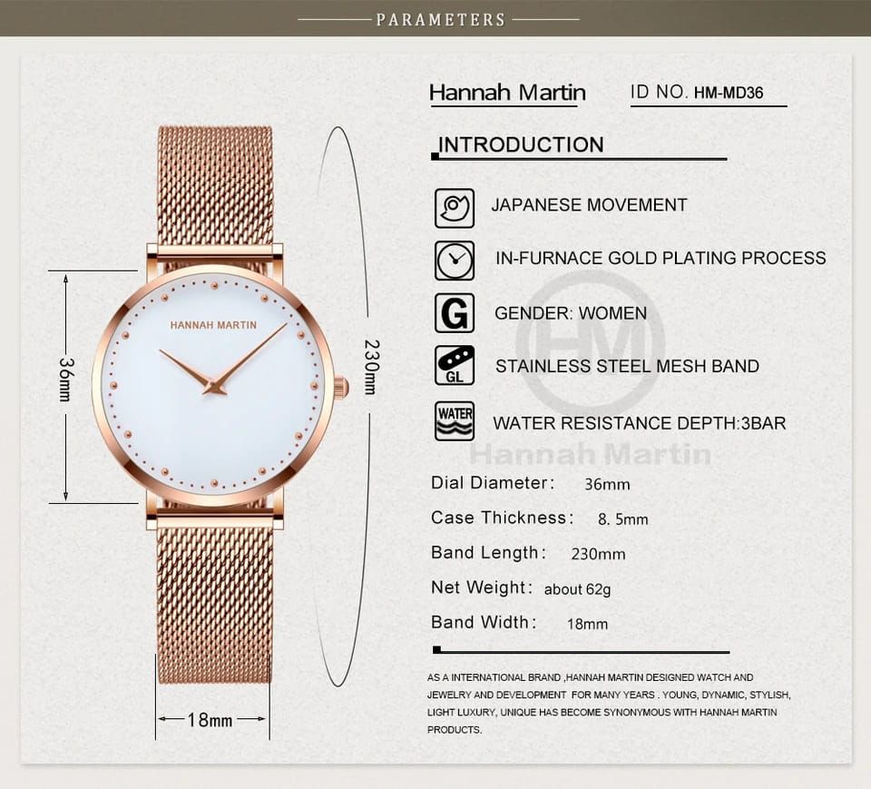Women Watch High Quality Hannah Martin HM-MD36 elegant female Top Quartz Watches Fashion Waterproof Stainless Steel Wristwatches Ladies Business Watch