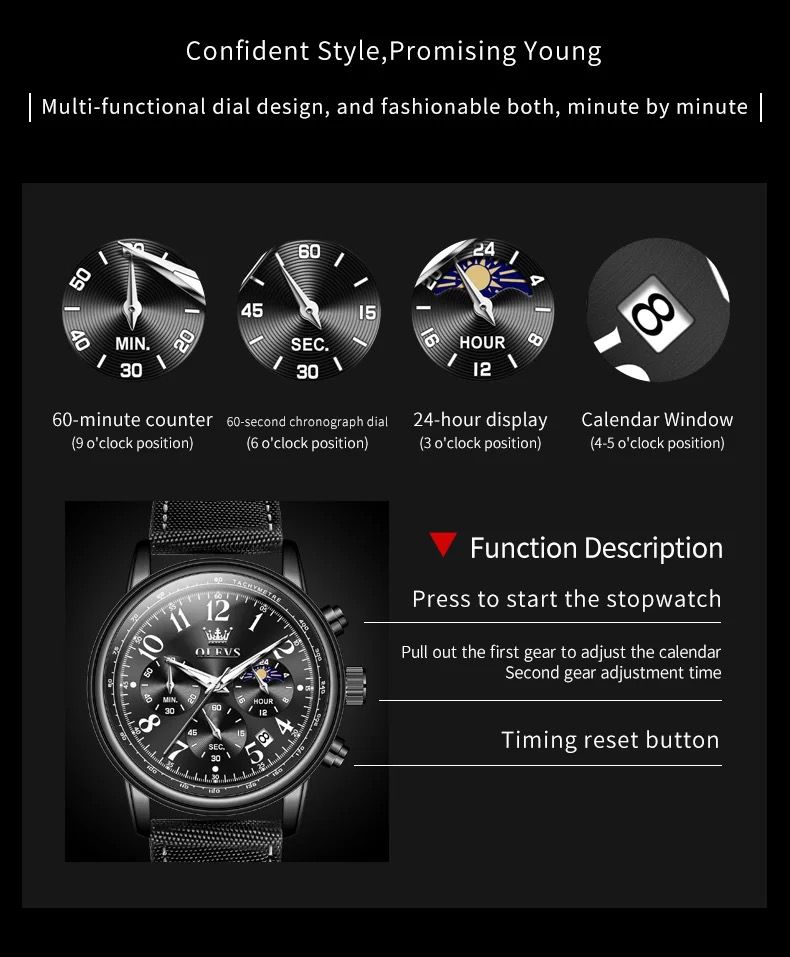Multifunctional Chronograph moon phase OLEVS 2912 waterproof resistant Luminous Sports quartz watch for man