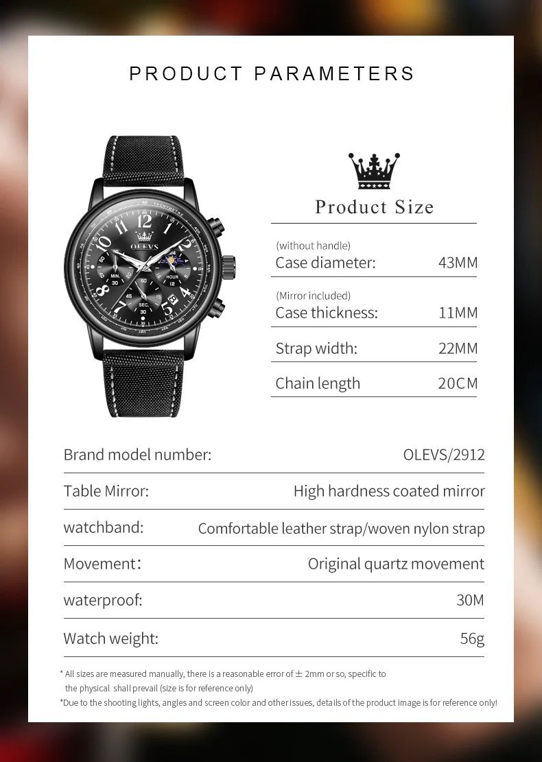 Multifunctional Chronograph moon phase OLEVS 2912 waterproof resistant Luminous Sports quartz watch for man