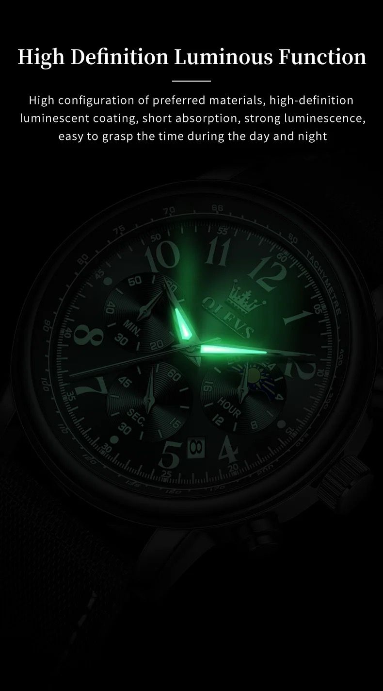 Multifunctional Chronograph moon phase OLEVS 2912 waterproof resistant Luminous Sports quartz watch for man