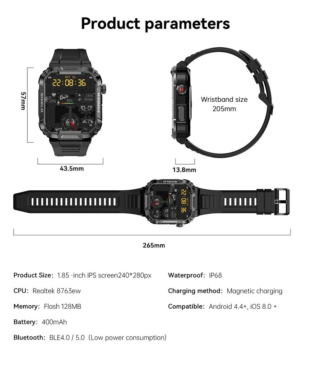 MK66 Smart Watch 1.85 Inch Touch Screen GloryFit IP68 Waterproof MK66 Rugged Smartwatch for Men Outdoor Sports
