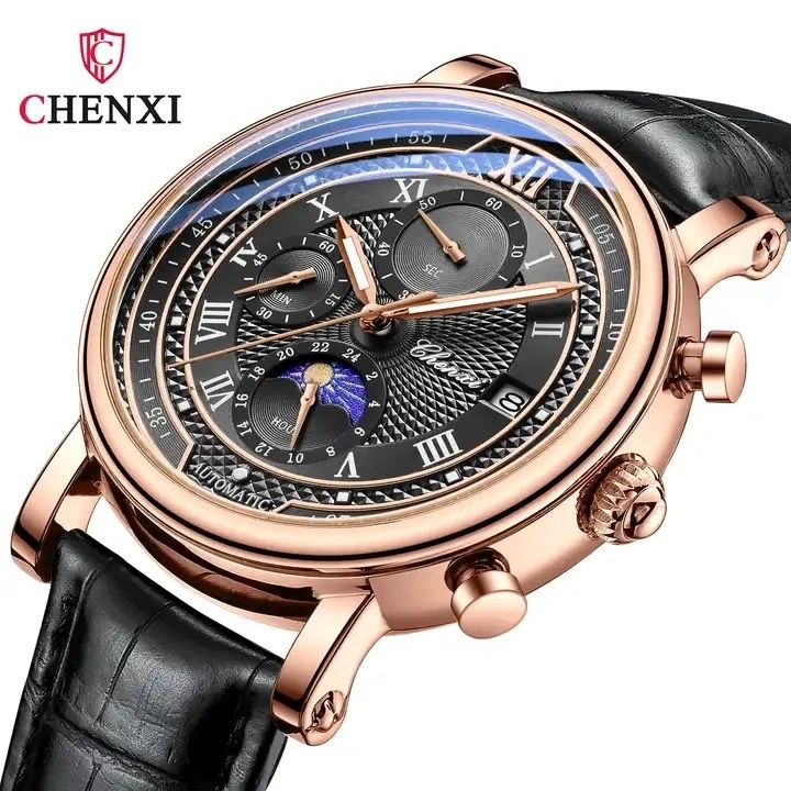 Fashion Leather Chronograph Chenxi 976 Date Men's Phase Of The Moon Timing Business Luminous Quartz Watc