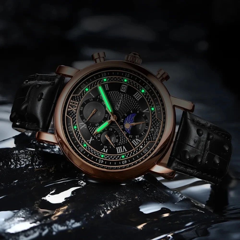 Fashion Leather Chronograph Chenxi 976 Date Men's Phase Of The Moon Timing Business Luminous Quartz Watc