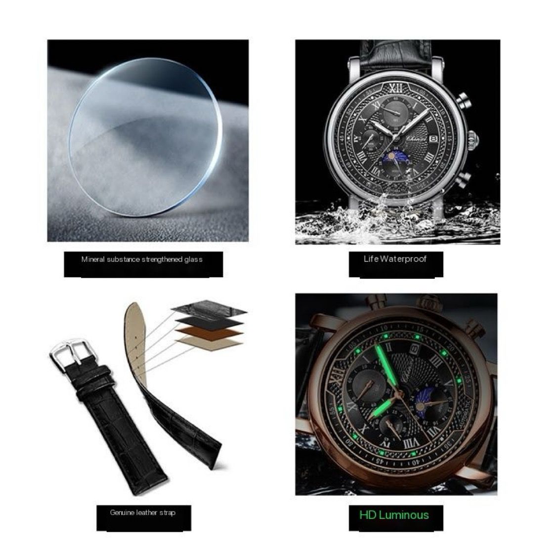 Fashion Leather Chronograph Chenxi 976 Date Men's Phase Of The Moon Timing Business Luminous Quartz Watc