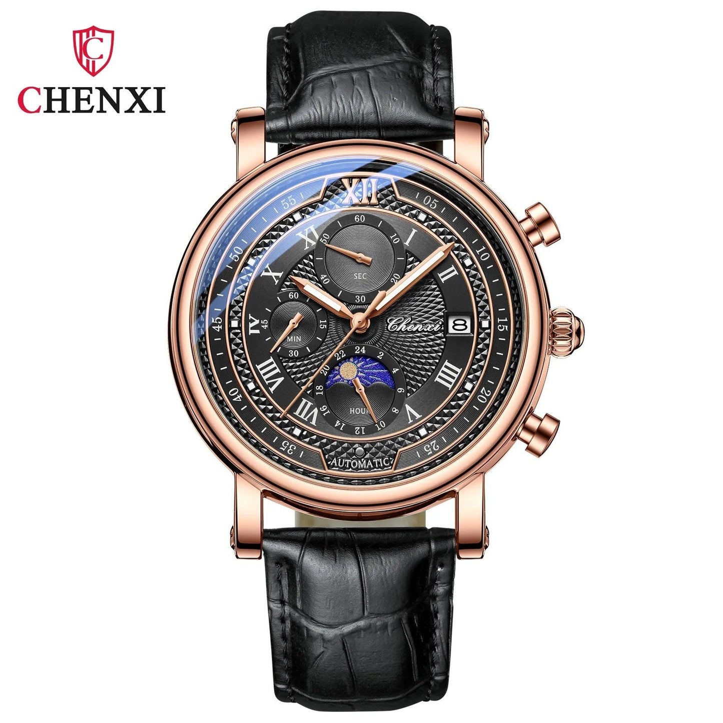 Fashion Leather Chronograph Chenxi 976 Date Men's Phase Of The Moon Timing Business Luminous Quartz Watc