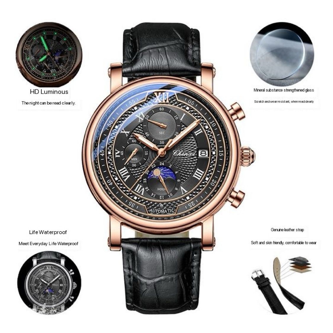 Fashion Leather Chronograph Chenxi 976 Date Men's Phase Of The Moon Timing Business Luminous Quartz Watc