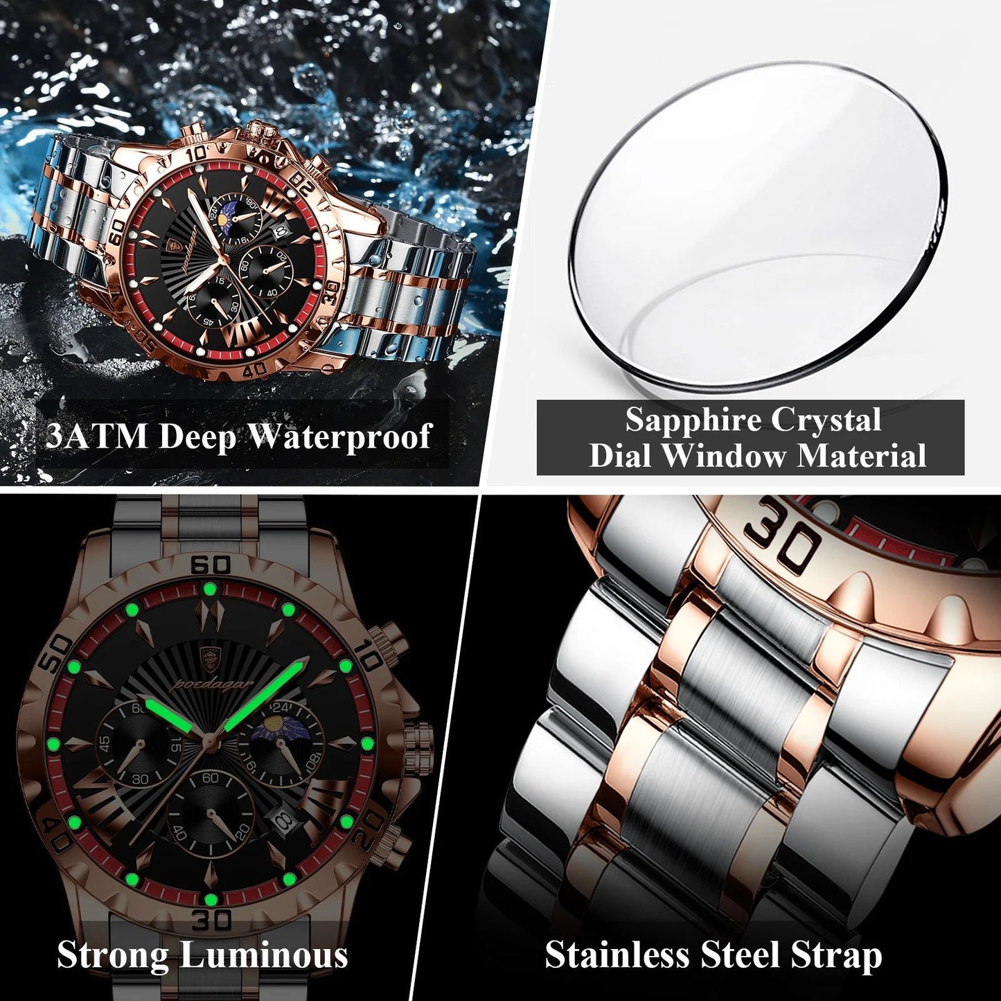 POEDAGAR Watch Men 968 New Luxury Waterproof Luminous Chronograph Date Man Watch Stainless Steel Quartz Men's Watches