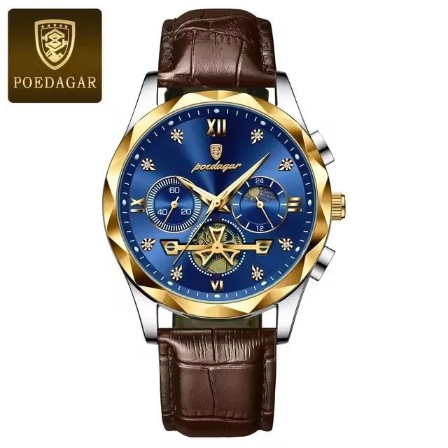 POEDAGAR 996 Luxury Genuine Leather Man Watch Waterproof Luminous Night Light Quartz Watches Chronograph Watch for Men
