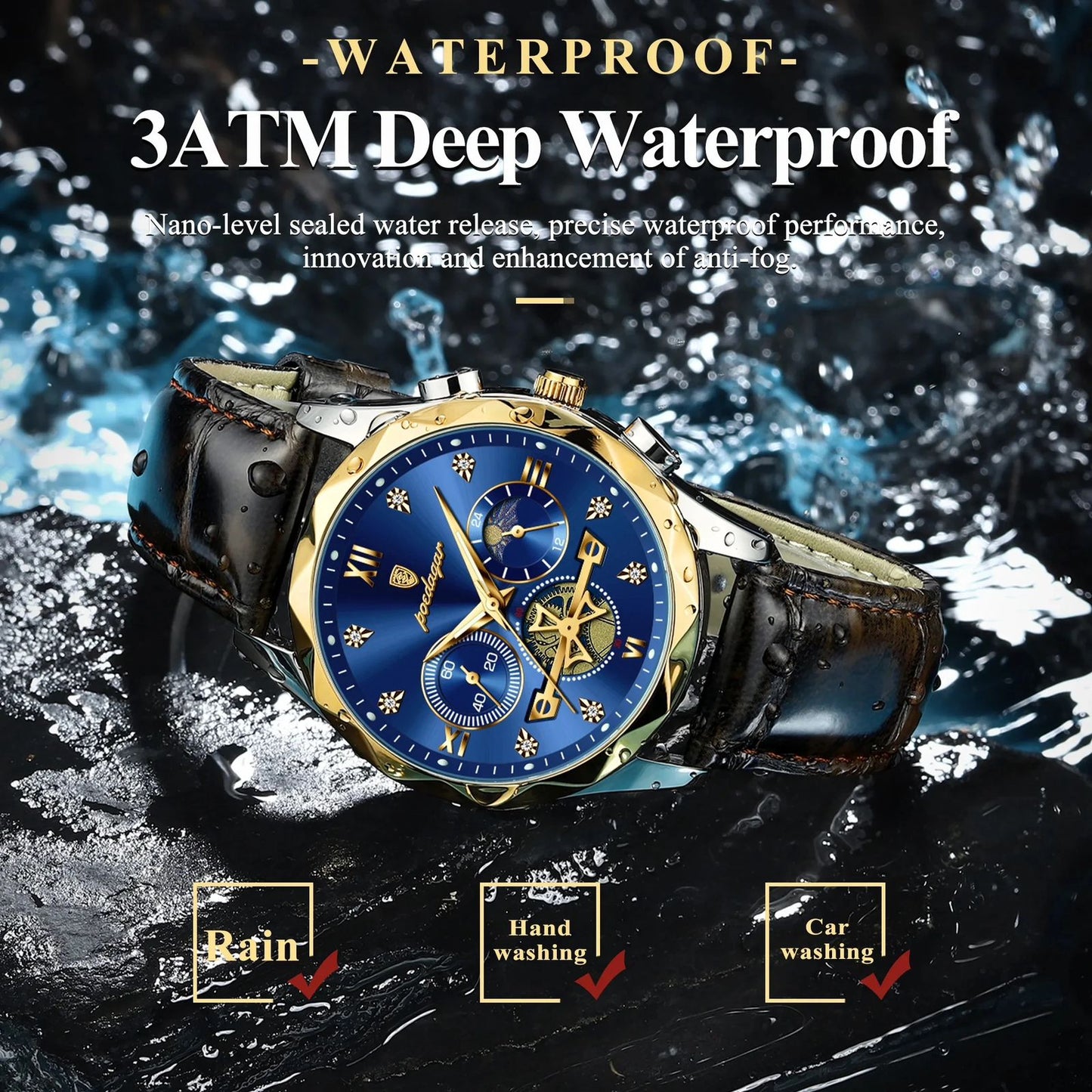 POEDAGAR 996 Luxury Genuine Leather Man Watch Waterproof Luminous Night Light Quartz Watches Chronograph Watch for Men