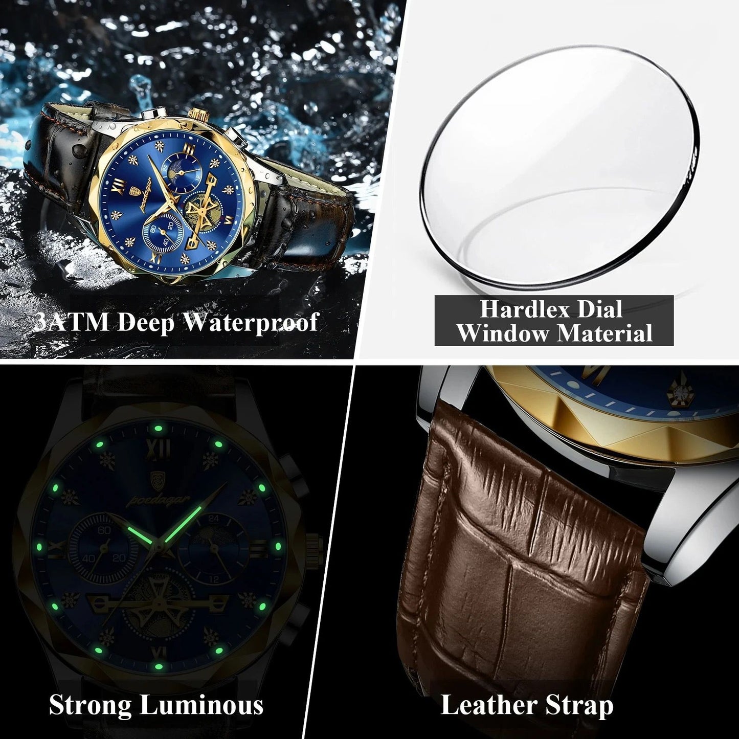 POEDAGAR 996 Luxury Genuine Leather Man Watch Waterproof Luminous Night Light Quartz Watches Chronograph Watch for Men