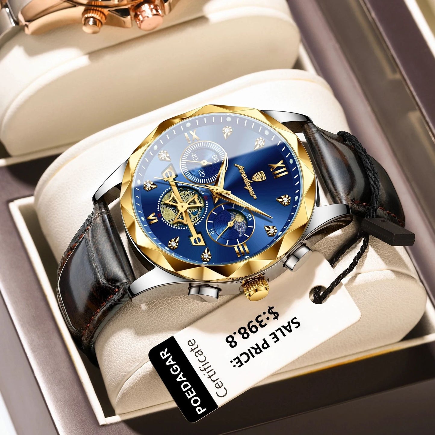 POEDAGAR 996 Luxury Genuine Leather Man Watch Waterproof Luminous Night Light Quartz Watches Chronograph Watch for Men
