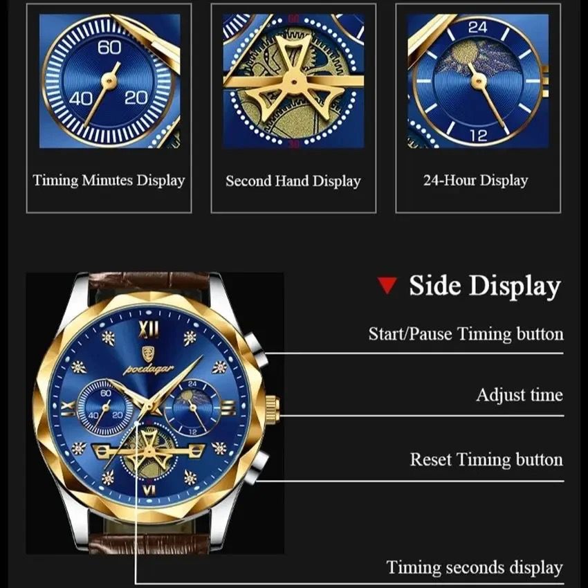 POEDAGAR 996 Luxury Genuine Leather Man Watch Waterproof Luminous Night Light Quartz Watches Chronograph Watch for Men