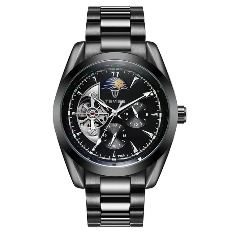 Mechanical Automatic Luminous Hands TEVISE 795S Watch Waterproof Men Business Moon and Sun Phase Design Wristwatch