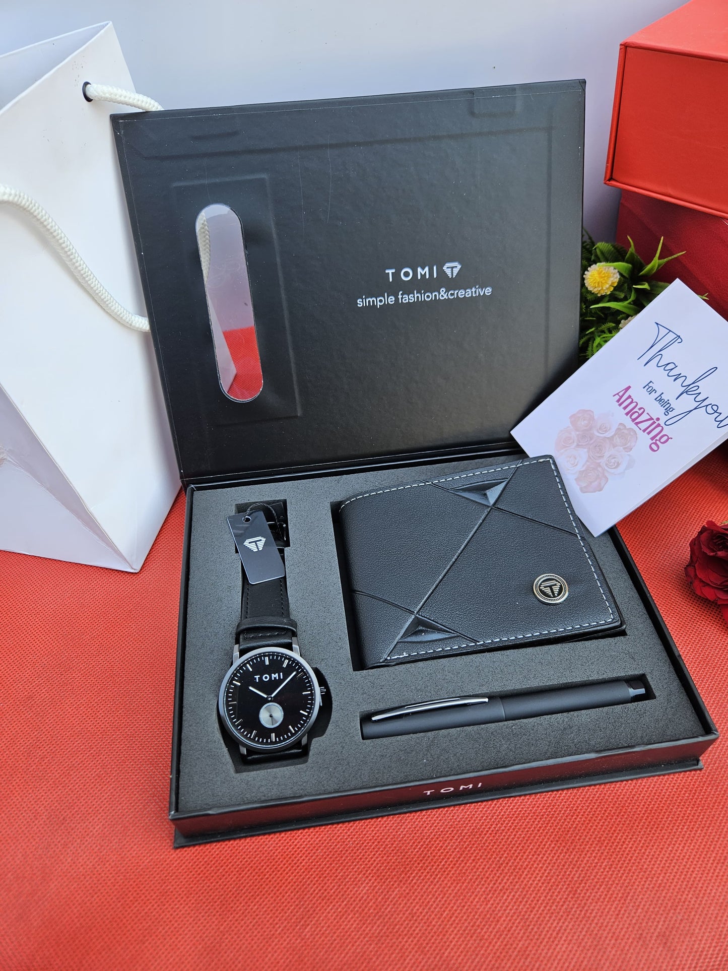 TOMI Gents Gift Set – Leather Wallet, Watch & Executive Pen