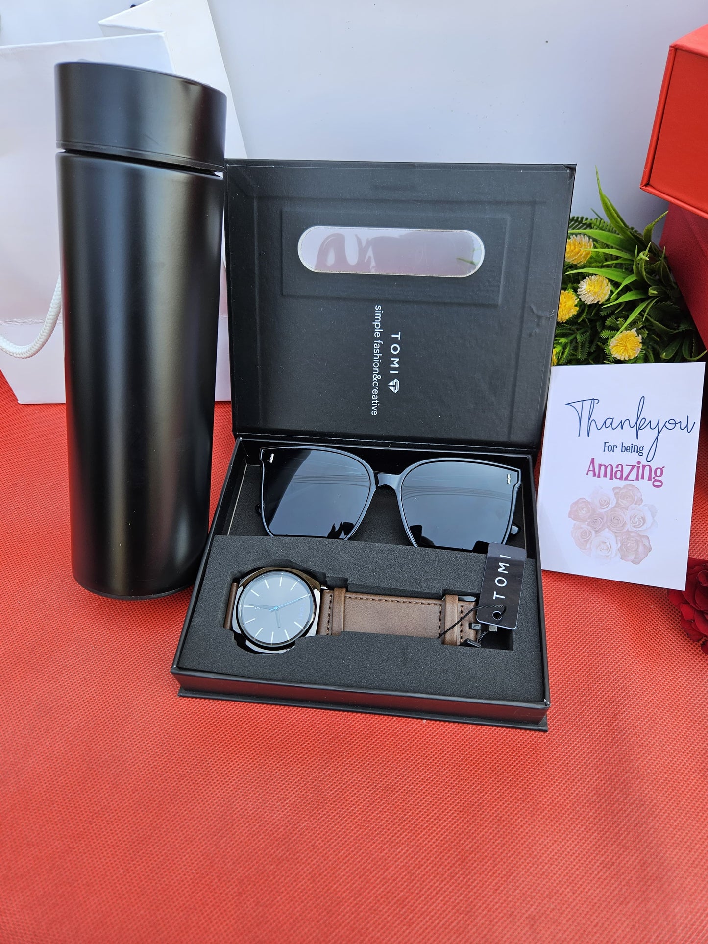 TOMI Gents Valentine’s Gift Set – Elegant Watch, Flask & Sunglasses