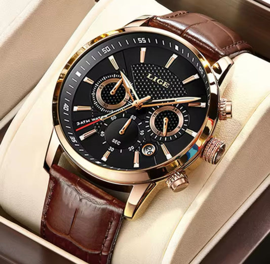 LIGE 9866 2024 Watches Mens New Top Brand Luxury Casual Leather Quartz Men's Watch Business Clock Male Sports Waterproof Date