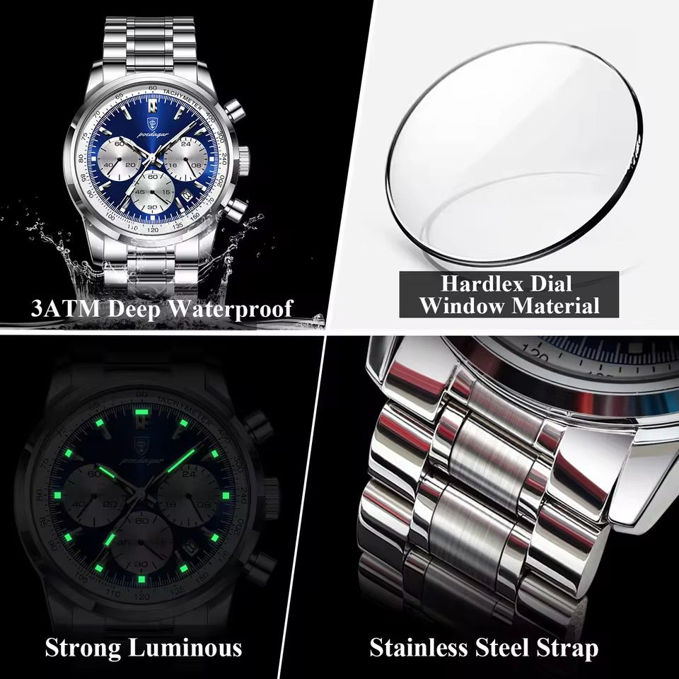 Luxury Stainless Steel Metallic strap Poedagar 921 Men's Watch Waterproof Luminous Chronograph Quartz Watches for Men
