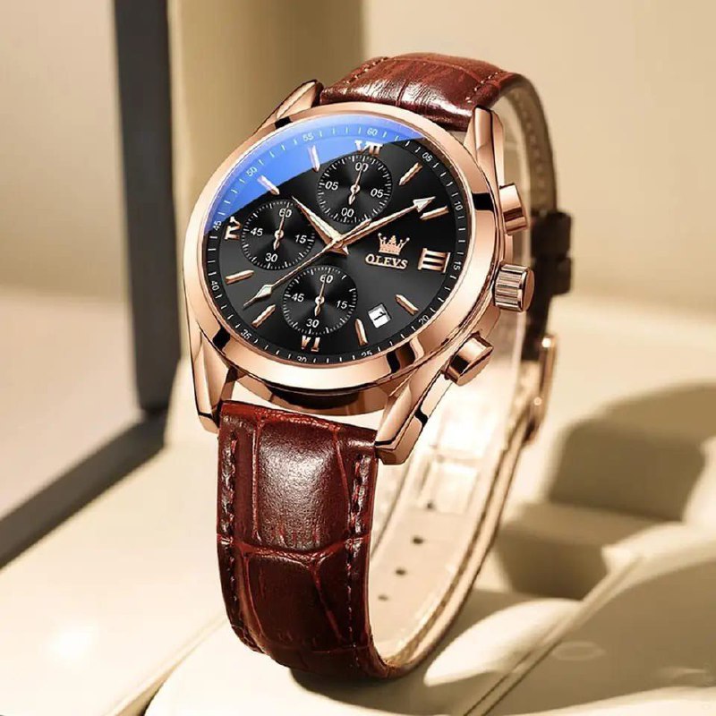 Olevs New 2872 Leather Multi Function Chronograph Men's Watch Waterproof Quartz Watch Luxury Gold Sports Watch