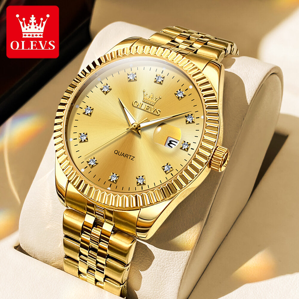 OLEVS 5526 Quartz Watch Waterproof Auto Date Original Gold Design Luxury Stainless Steel Casual Wristwatch for Business
