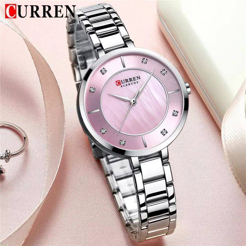 CURREN 9051 Women Newest Quartz Watches Stainless Steel Dress Bracelet Ladies Watch with Crystal Rhinestone Quartz Clock Female